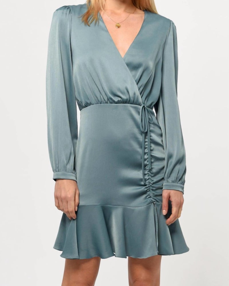 Front of a model wearing a size L Joanne Ruched Satin Dress In Misty Blue in Misty Blue by GREYLIN. | dia_product_style_image_id:359823